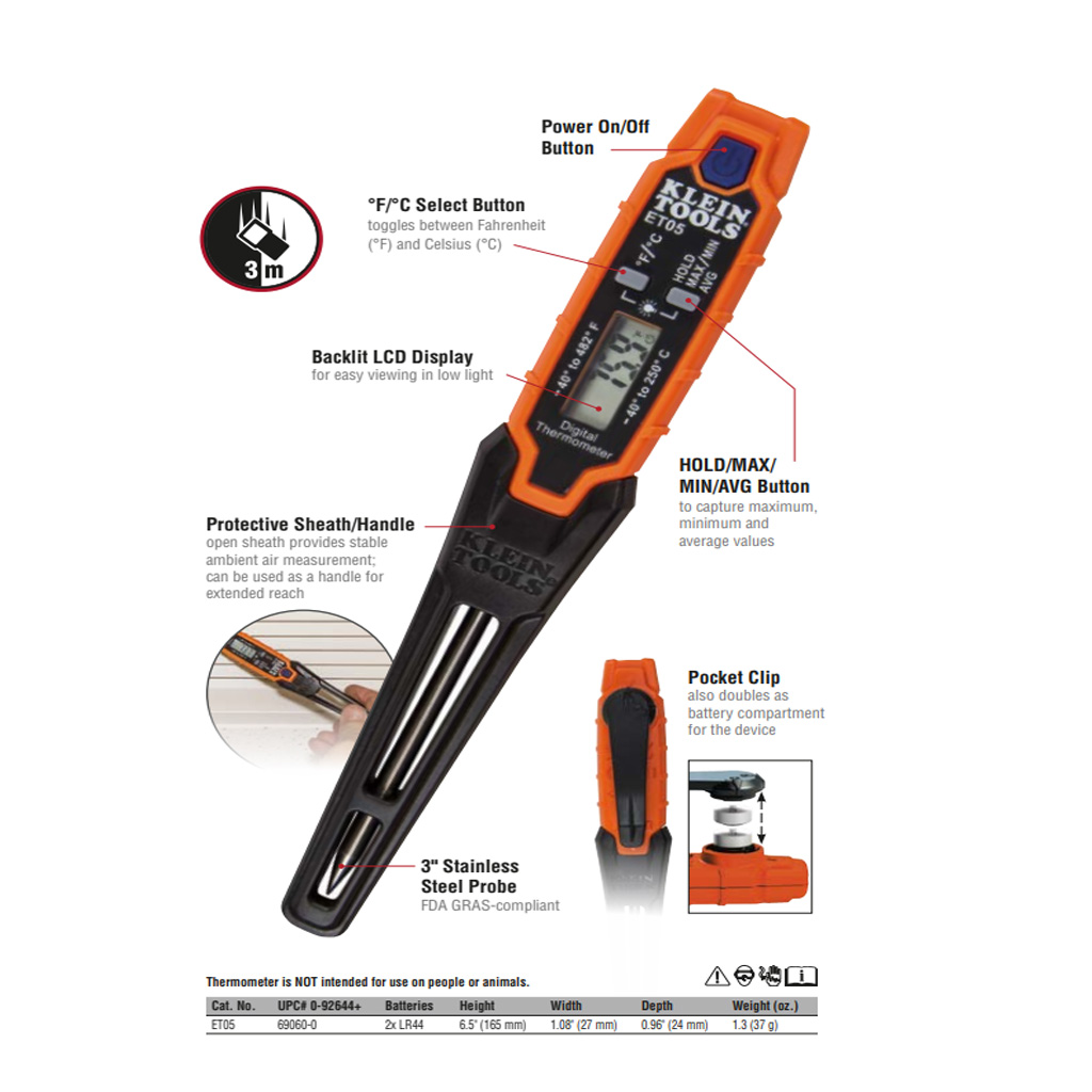 Klein Digital Pocket Thermometer -40 to 250°C Contact / Non-Contact - Image 6