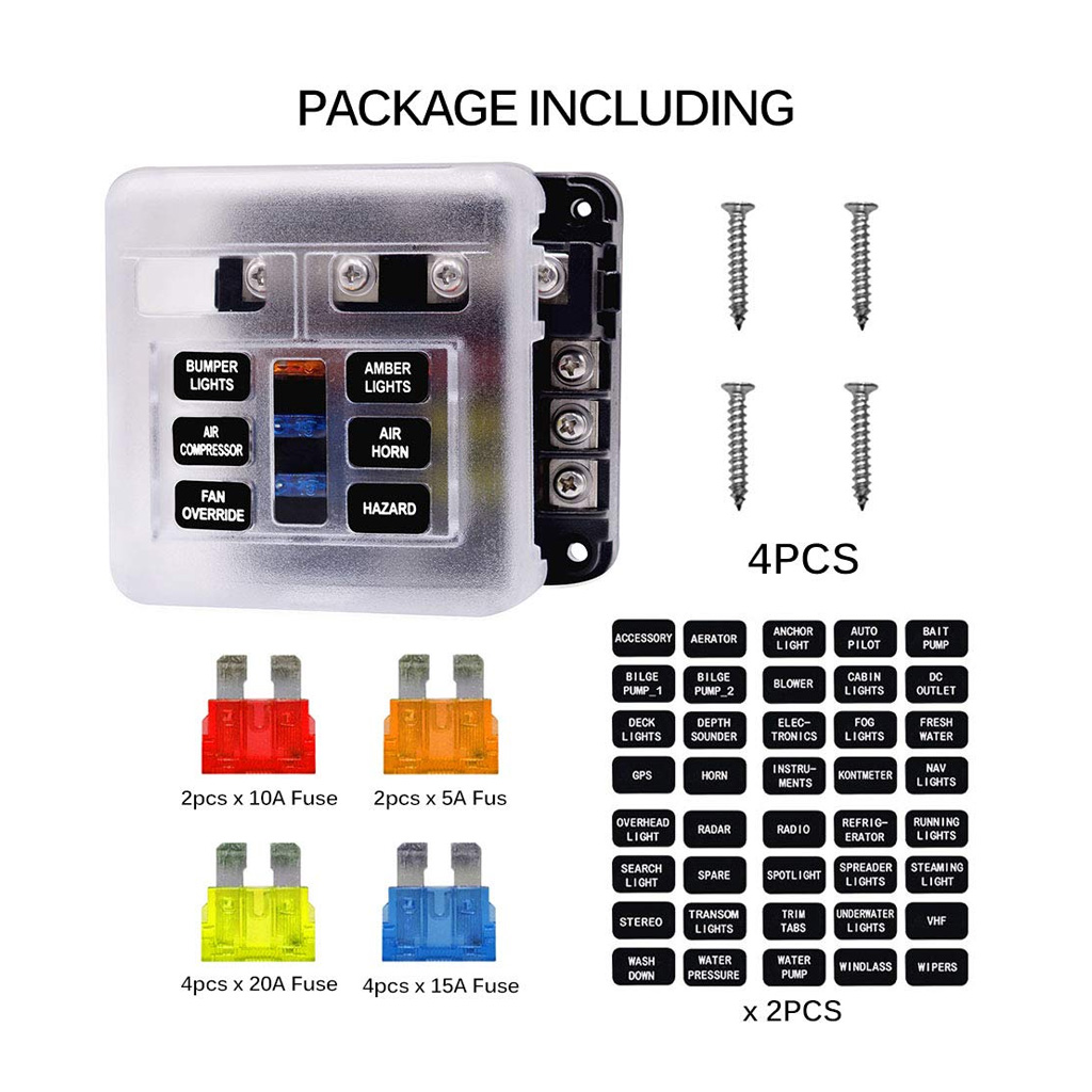 6 Fuse Block with LED Indicator and 12 fuses, 19pc, 12 volt, 2 x Label Sheets - Image 6