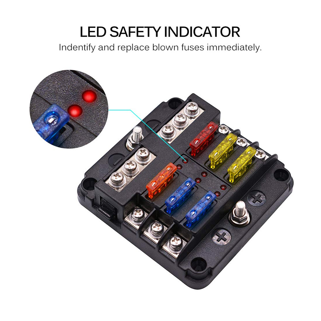 6 Fuse Block with LED Indicator and 12 fuses, 19pc, 12 volt, 2 x Label Sheets - Image 2