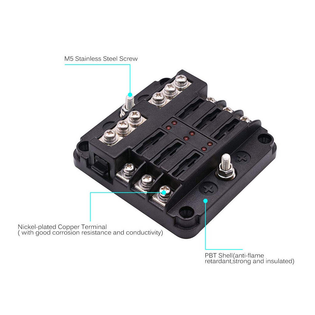 6 Fuse Block with LED Indicator and 12 fuses, 19pc, 12 volt, 2 x Label Sheets - Image 4