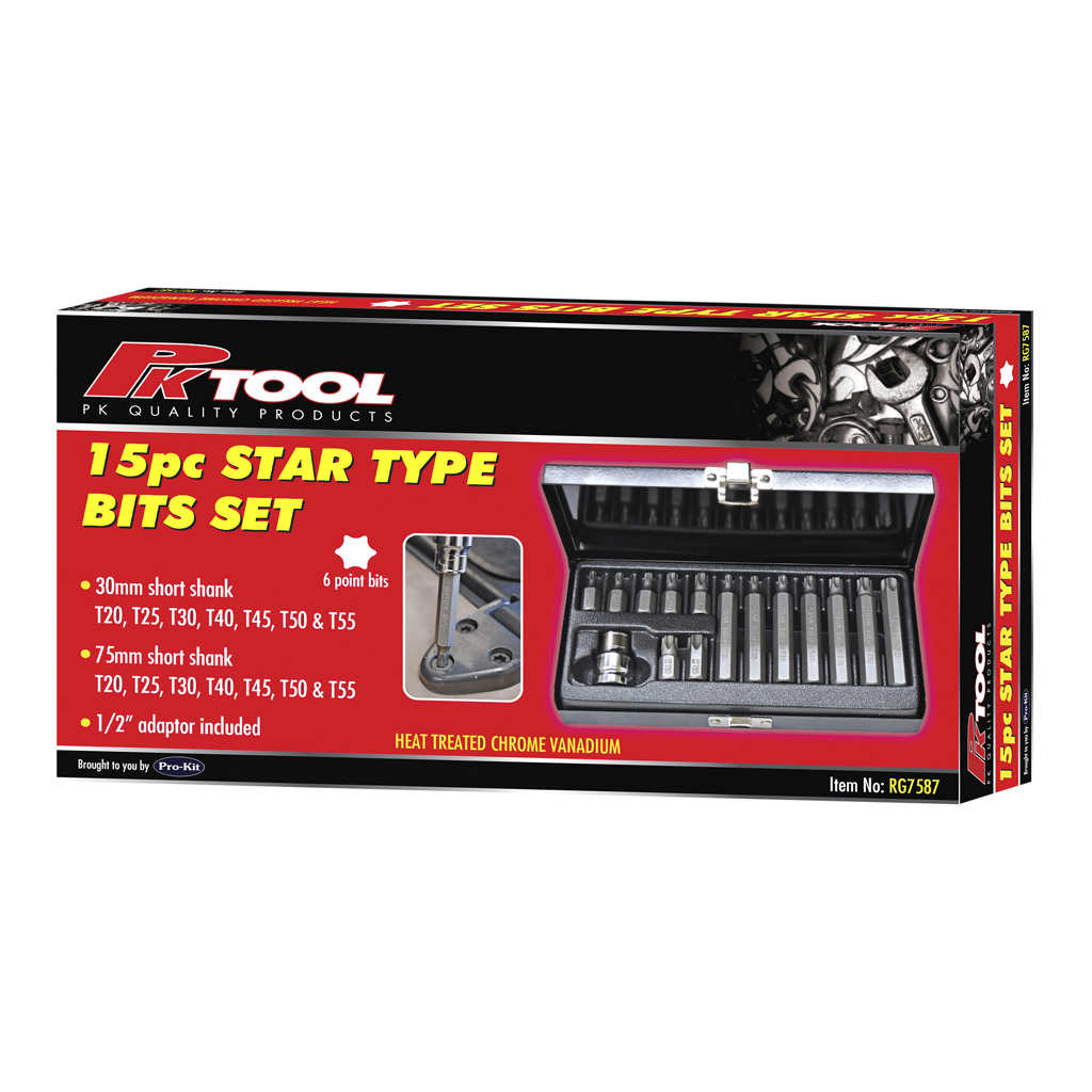 PK Tools 10mm HEX CR-V Star 15pc Set Inc 1/2"Adaptor T20 to T55 - Image 2